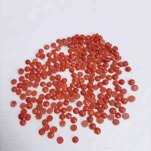 May include: A large pile of small, round, red coral cabochons. The cabochons are scattered on a white surface.