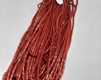20 Inches Natural Italian Coral Smooth Tube Beads, AAA Quality Original Italian Red Coral Smooth Cylinder Beads For Jewelry