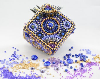 Tutorial for 3D Bead Embroidery, Blue, Purple and Gold, Beaded Sculpture with Glass Spikes, Cubist Pattern by The Sparkly Engineer