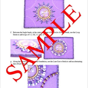 May include: A close-up of a purple fabric with a beaded design. The design features a central circle of beads surrounded by a ring of beads. The beads are in various colors, including purple, white, gold, and clear.