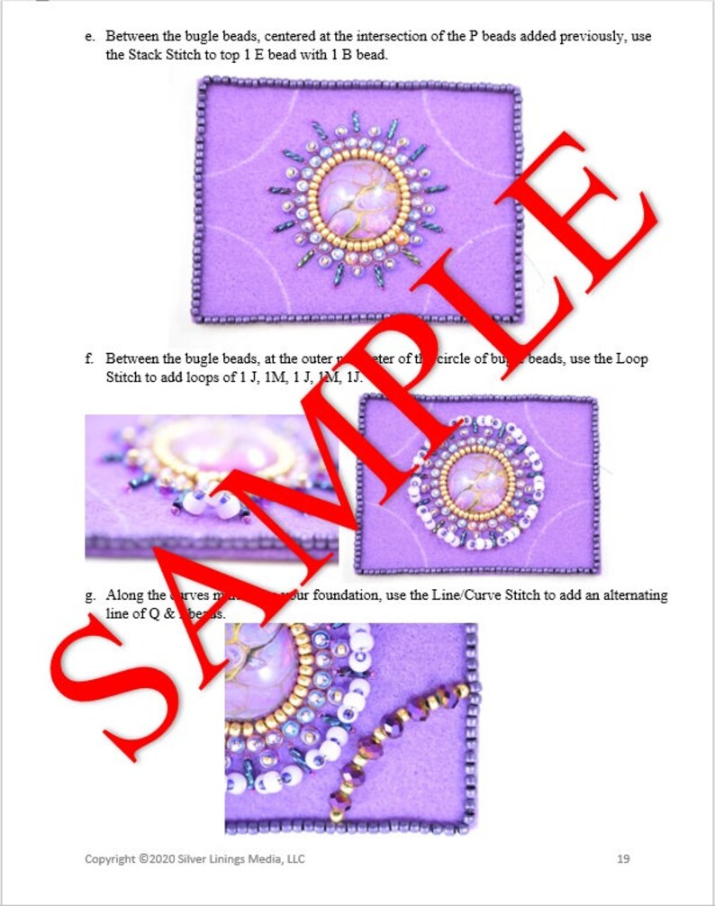 May include: A close-up of a purple fabric with a beaded design. The design features a central circle of beads surrounded by a ring of beads. The beads are in various colors, including purple, white, gold, and clear.