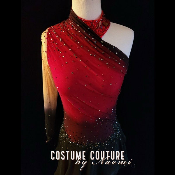 Custom Figure Skating Ice Dance Dress Red Black Ombre, Dramatic Contemporary Spanish Latin Dance Competition Solo Costume, XS to Small adult