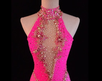 Vestido de patinaje artístico para niñas, traje de baile de Ballet, sin  mangas, escote redondo, diamantes