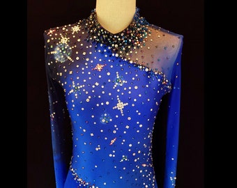 Vestido de patinaje artístico con degradado negro y azul oscuro, traje de competición de danza sobre hielo, diseño personalizado de galaxia celestial y estrella del espacio exterior, talla pequeña para adulto.