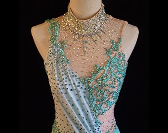 Mint Green Ombre Figure Skating Ice Dance Dress, Pale Aqua Lace and Silk, Beige Base Classical Ballet Dance Costume, fits xsmall small adult