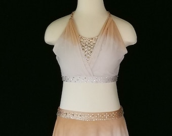 Cream to Tan Nude Ombre Two Piece Lyrical Dance Dress, Contemporary Competition Costume, Long Skirt, fits XS preteen to Xsmall adult sizes