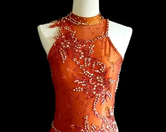 Burnt Orange Figure Skating Dress, Copper and Gold, Ice Dance Competition Costume, Lace Applique, fits XS preteen to Xsmall adult sizes