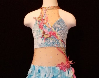 Butterfly Lyrical Dance Costume, Rainbow Figure Skating Dress, Light Blue Competition Custom Design, 2 Piece Leotard, Only one available