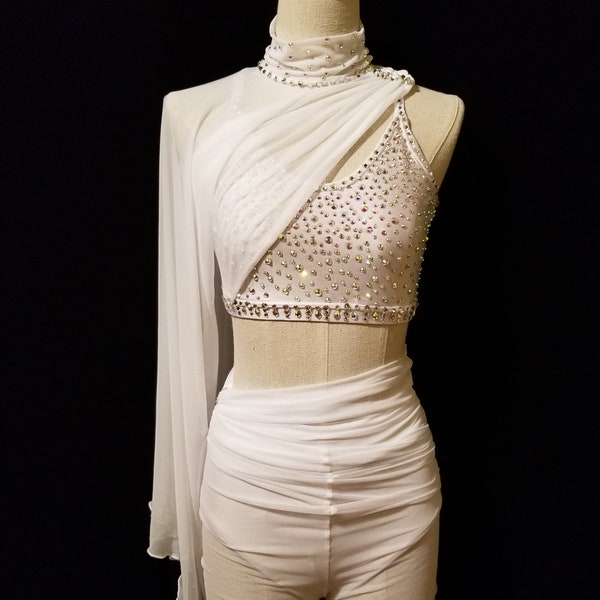 White Jazz Costume, 2 Piece Contemporary Lyrical Dance Costume, Custom Design, Competition Biketard, Long Sleeve Asymmetrical, Small Adult