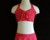Red and White Polka Dot 2 Piece Dance Costume, Retro Swimsuit Style with Skirt and Halter Top, fits medium to large child sizes