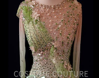Vestido de patinaje artístico sobre hielo con degradado verde primaveral y crema, encaje y seda, traje de danza sobre hielo personalizado, talla XS/S para adulto.