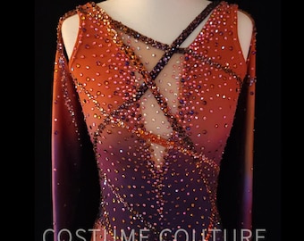 Orange Rust Purple Plum Ombre  Dyed Figure Skating Dress, Competition Custom Design Ice Dance Costume, Lyrical Solo, XS to Small Adult