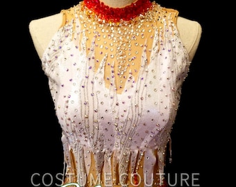 Fire and Ice Figure Skating Dress, Flame Ice Dance Costume, 2 Piece Orange and White Latin Samba Gown, Competition Dancesport, small adult