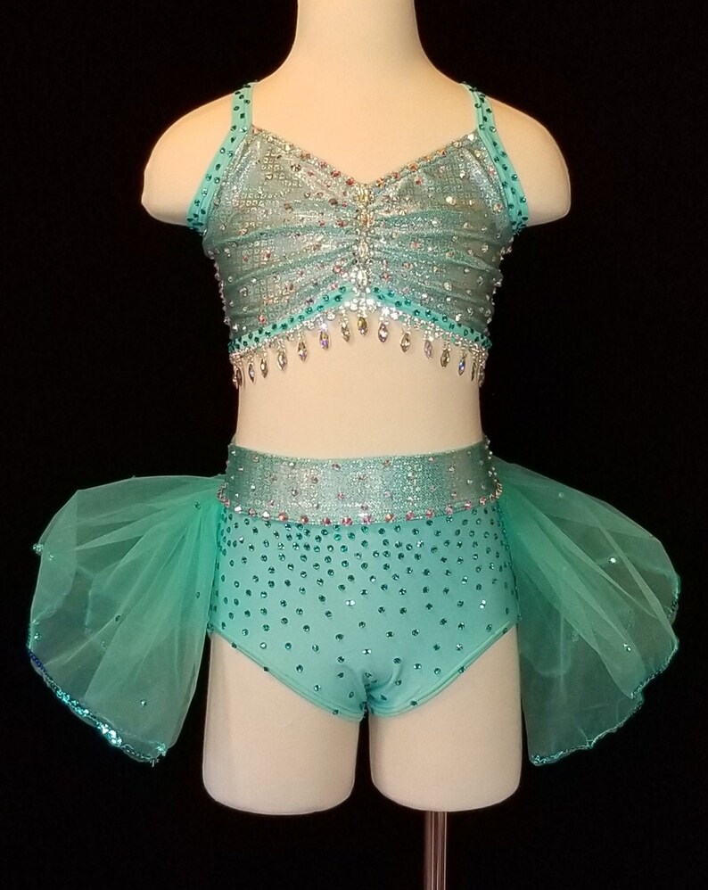 Sassy Aqua 2-piece Jazz Dance Competition Costume with Flouncy Skirt