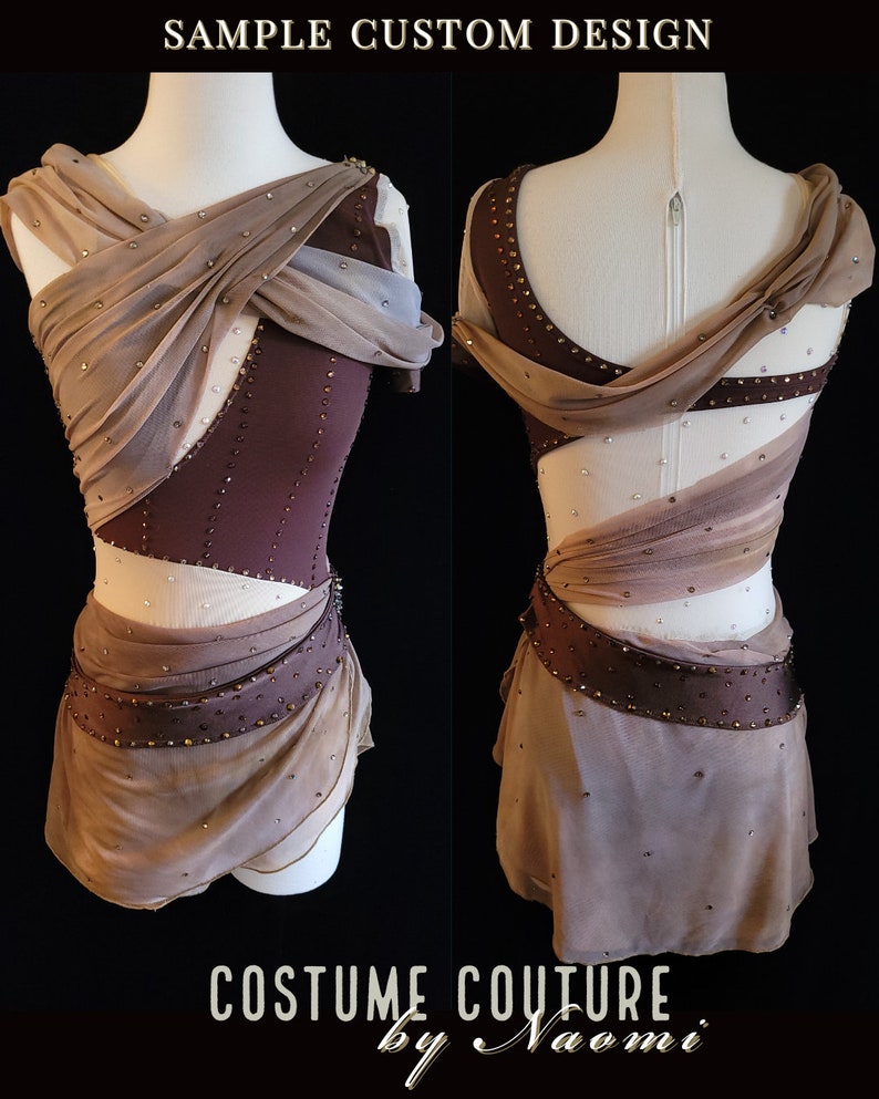 Puede incluir: Un vestido de patinaje art&iacute;stico personalizado con un corpi&ntilde;o marr&oacute;n y una falda de capas en tonos marrones y beige. El vestido presenta un dise&ntilde;o cruzado en el corpi&ntilde;o y una superposici&oacute;n transparente. El vestido est&aacute; adornado con pedrer&iacute;a.