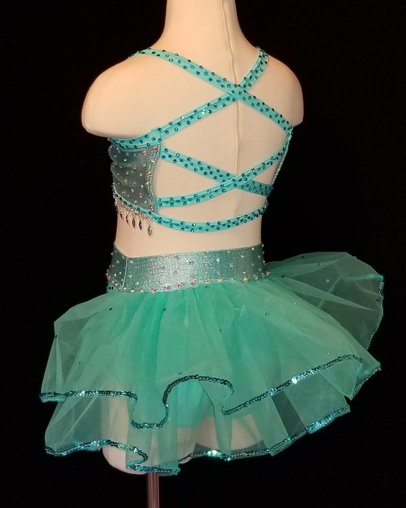 Sassy Aqua 2-piece Jazz Dance Competition Costume with Flouncy Skirt