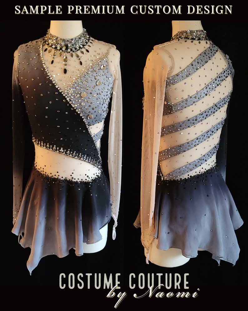 May include: A black and gray figure skating dress with long sleeves and a sheer bodice. The dress has a gradient skirt and is decorated with rhinestones. The dress is on a mannequin and the text "COSTUME COUTURE by Naomi" is at the bottom of the image.