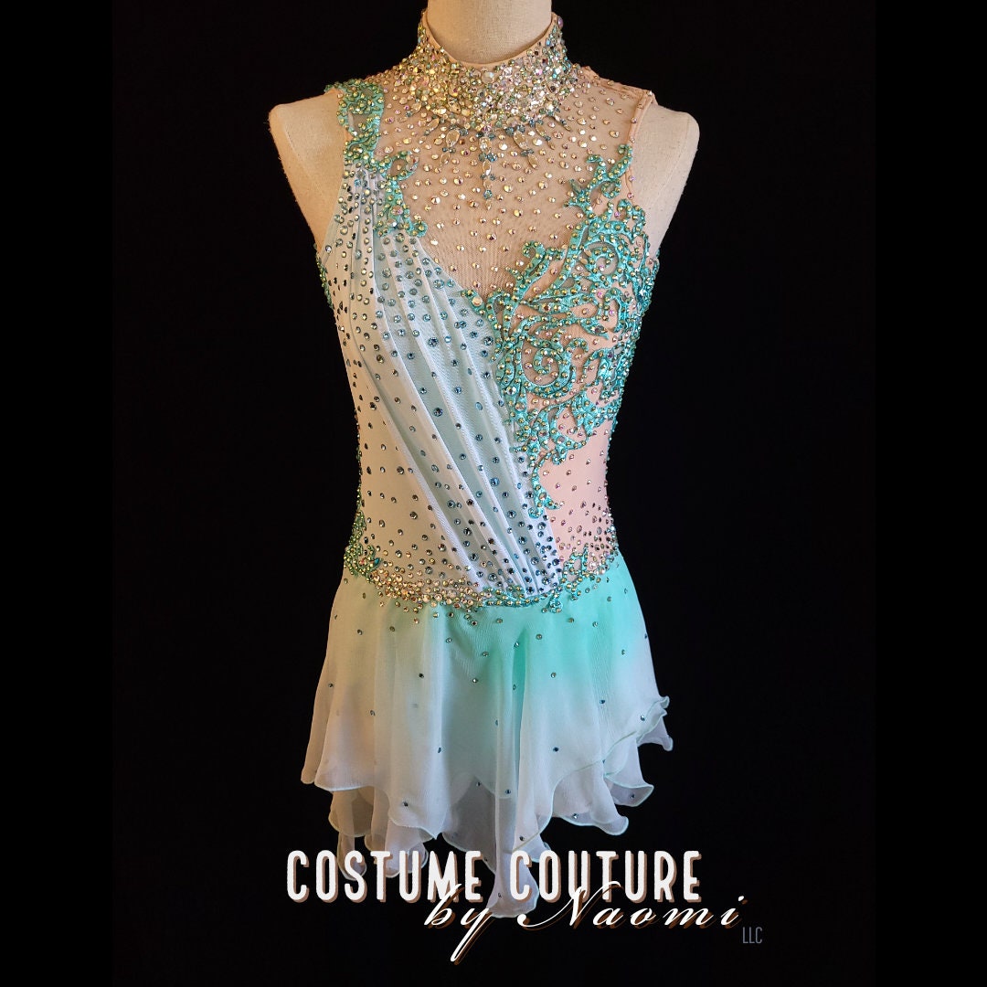 chinese dress ladies Mint Silk chiffon self-striped fit & flare dress with lace trim- SOLD OUT main image 0