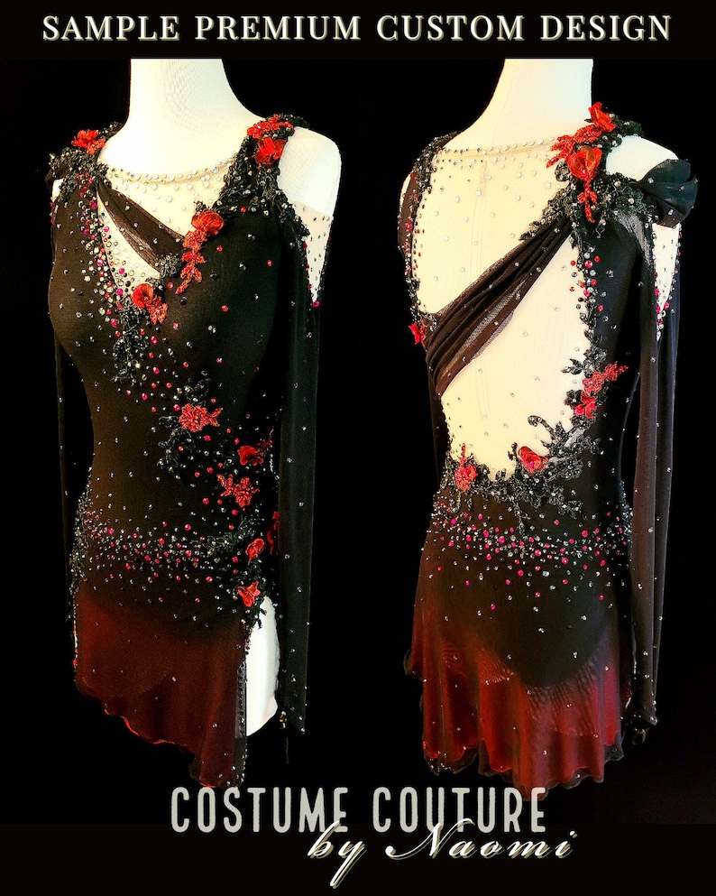 May include: A black and red figure skating costume with a sheer bodice, long sleeves, and a red ombre skirt. The costume is embellished with black lace, rhinestones, and red flowers. The text "COSTUME COUTURE by Naomi" is printed at the bottom of the image.
