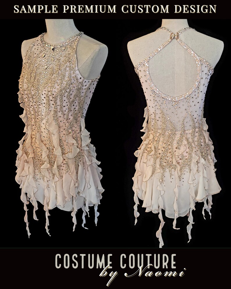 May include: A light pink figure skating dress with a halter neckline and a beaded bodice. The dress has a layered skirt with ruffled edges and a sheer overlay. The back of the dress has a keyhole opening and a criss-cross strap design. The dress is adorned with rhinestones and sequins.