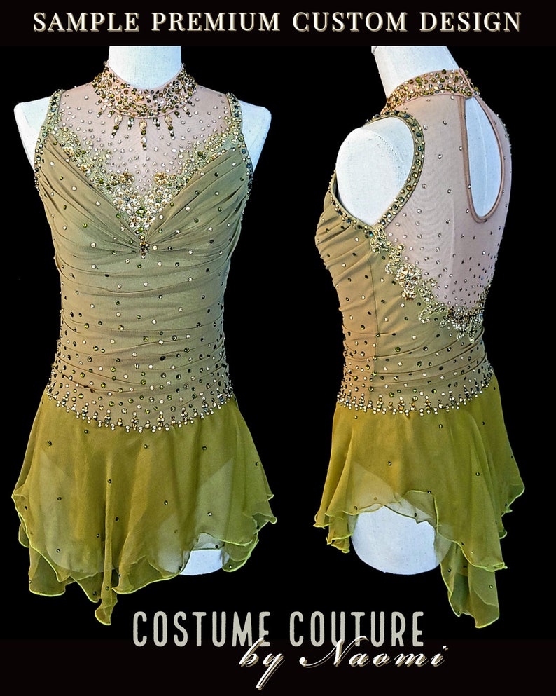 May include: A green and gold figure skating dress with a high neckline and a sheer bodice. The dress is embellished with rhinestones and beads. The skirt is layered and has a ruffled hem. The dress is on a white mannequin. The text "COSTUME COUTURE by Naomi" is at the bottom of the image.