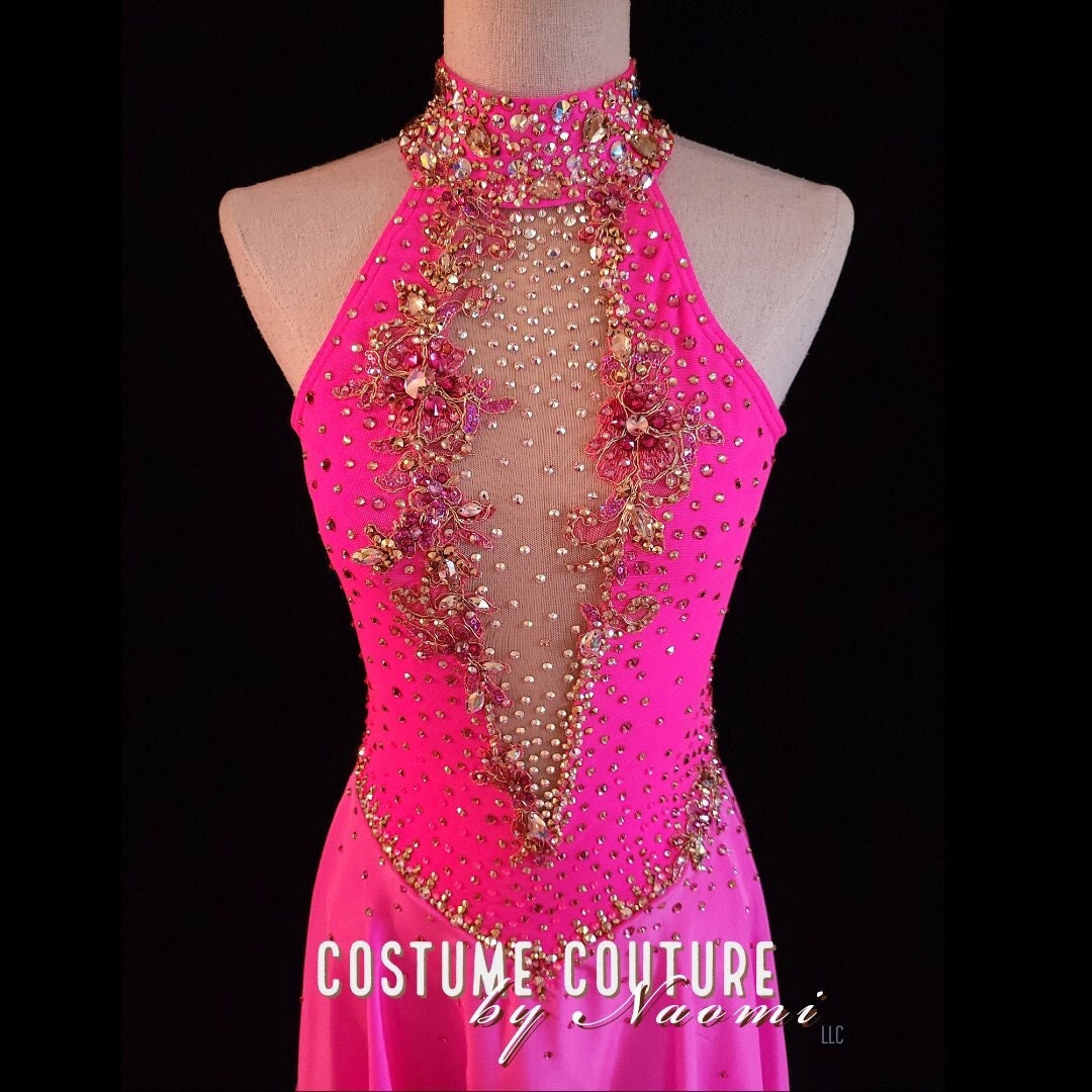 Hot Pink and Gold Figure Skating Dress, Silk Ice Dance Dress