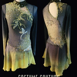 Puede incluir: Un vestido de patinaje art&iacute;stico negro y verde con mangas largas y una falda negra y verde degradada. El vestido est&aacute; decorado con pedrer&iacute;a y abalorios en un patr&oacute;n floral. El vestido tiene una espalda con abertura.