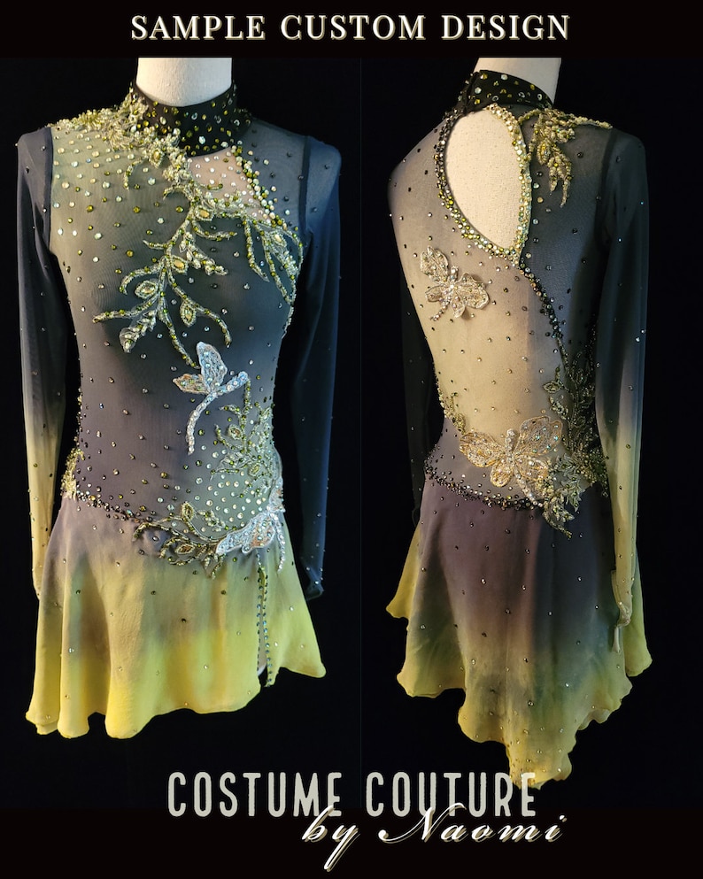 Puede incluir: Un vestido de patinaje art&iacute;stico negro y verde con mangas largas y una falda negra y verde degradada. El vestido est&aacute; decorado con pedrer&iacute;a y abalorios en un patr&oacute;n floral. El vestido tiene una espalda con abertura.