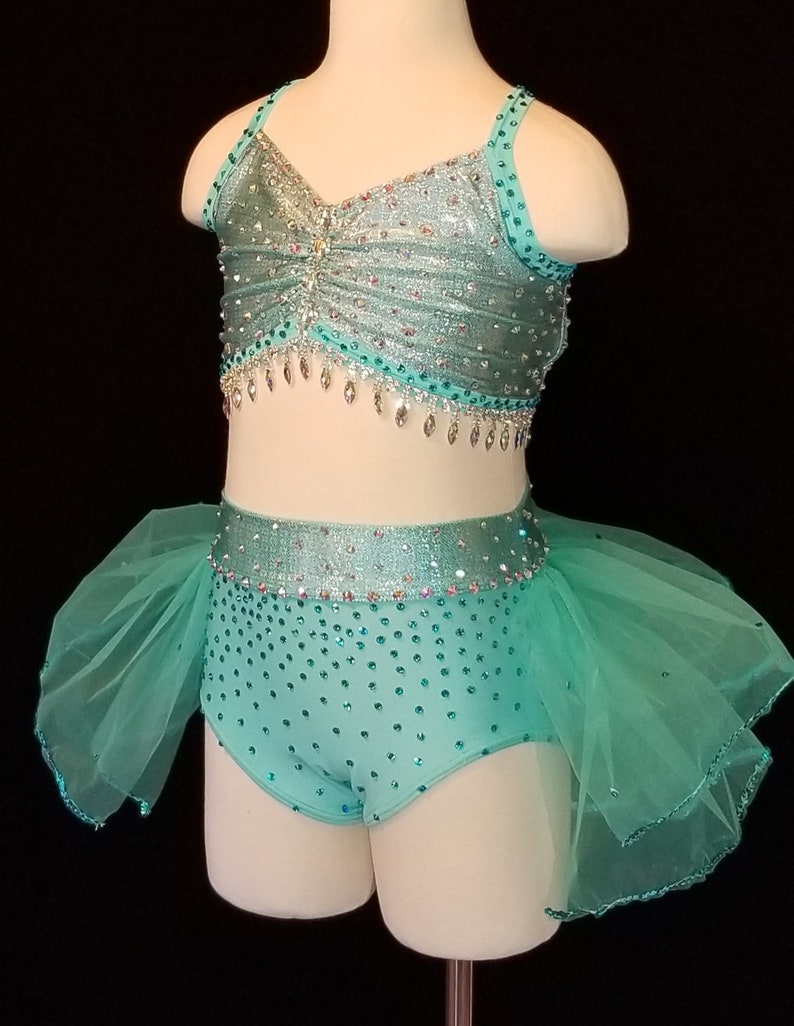 Sassy Aqua 2-piece Jazz Dance Competition Costume with Flouncy Skirt