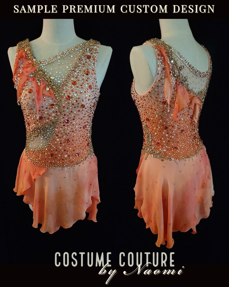 May include: A custom-designed ice skating costume with a peach-colored bodice and skirt. The bodice is embellished with rhinestones and sequins, and the skirt has a layered, ruffled design. The costume is designed by Costume Couture by Naomi.