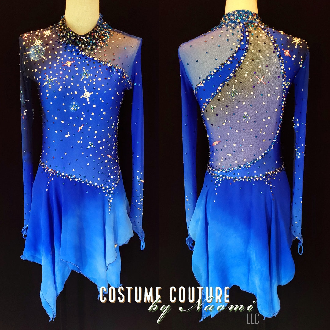 Black and Deep Blue Ombre Figure Skating Dress, Competition Ice Dance Costume, Celestial Galaxy Star Outer Space Custom Design, Small Adult