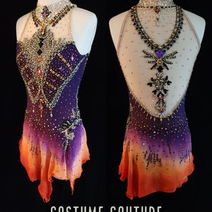 May include: A purple and orange figure skating costume with a black and gold design. The costume has a high neckline and a sheer back with a beaded design. The skirt is layered and has a scalloped hem.