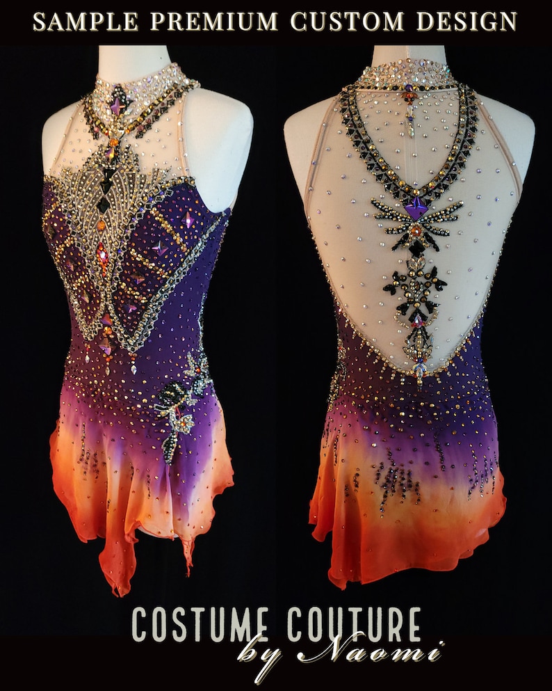 May include: A purple and orange figure skating costume with a black and gold design. The costume has a high neckline and a sheer back with a beaded design. The skirt is layered and has a scalloped hem.