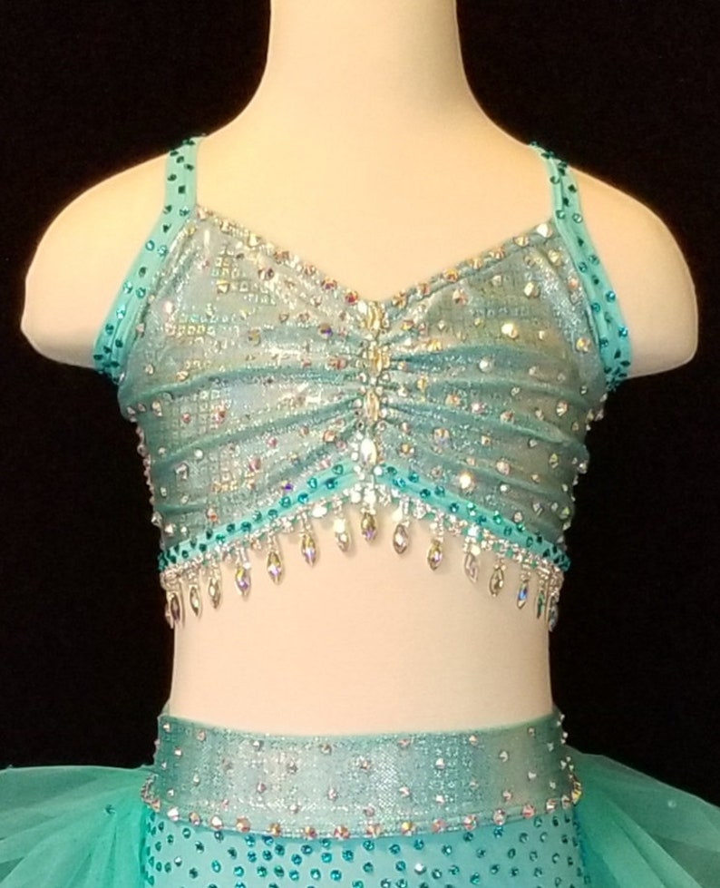 Sassy Aqua 2-piece Jazz Dance Competition Costume with Flouncy Skirt