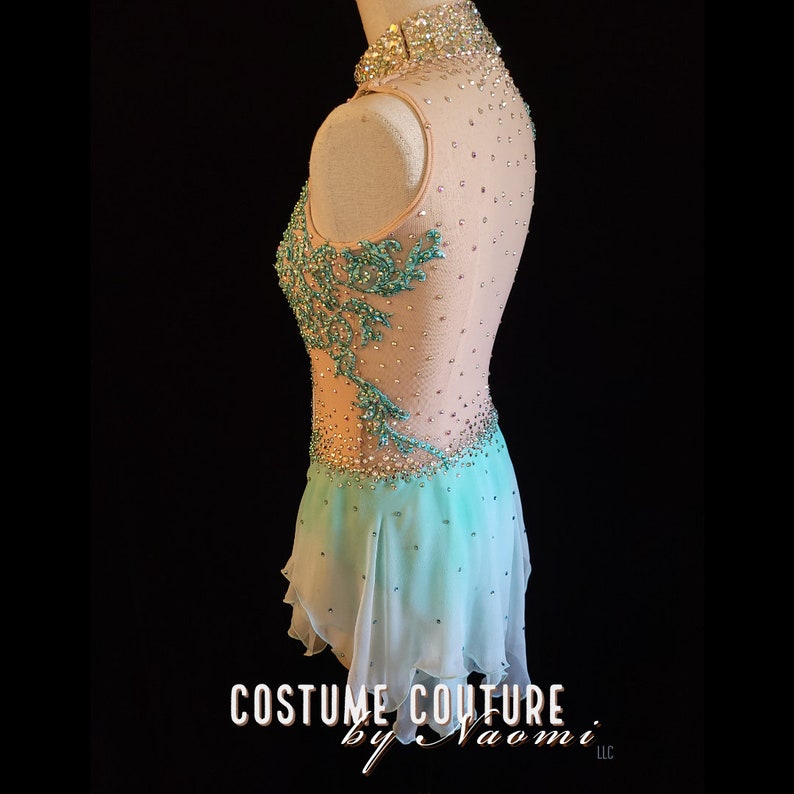May include: A light blue and nude figure skating dress with a high neckline and a beaded design. The dress has a sheer bodice with a floral pattern and a flowing skirt.