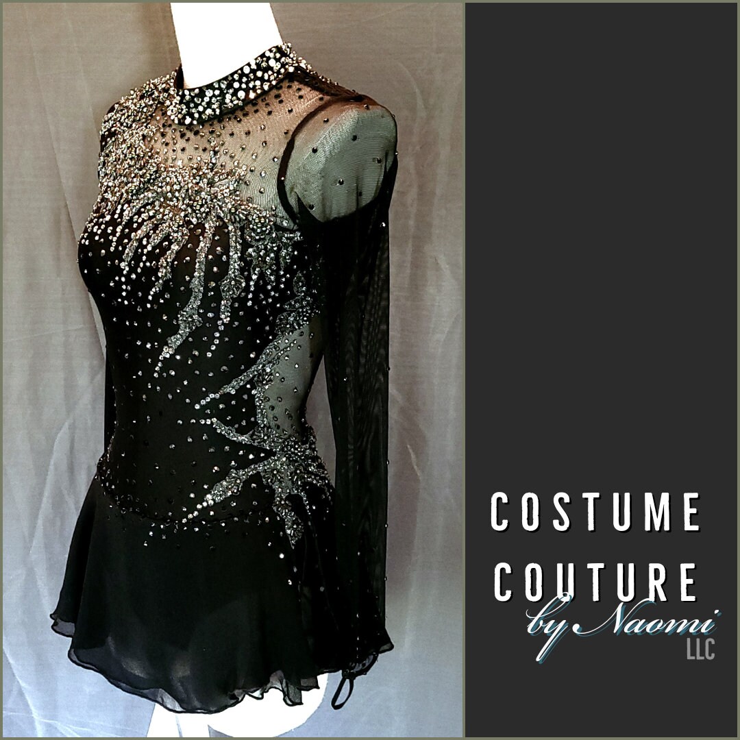 Long Sleeve Ice Skating Costume Black Gradient Beaded Figure Skating Dress   Long Sleeves, Mesh Skirt For Competition & Practice Competition Skating  Dress