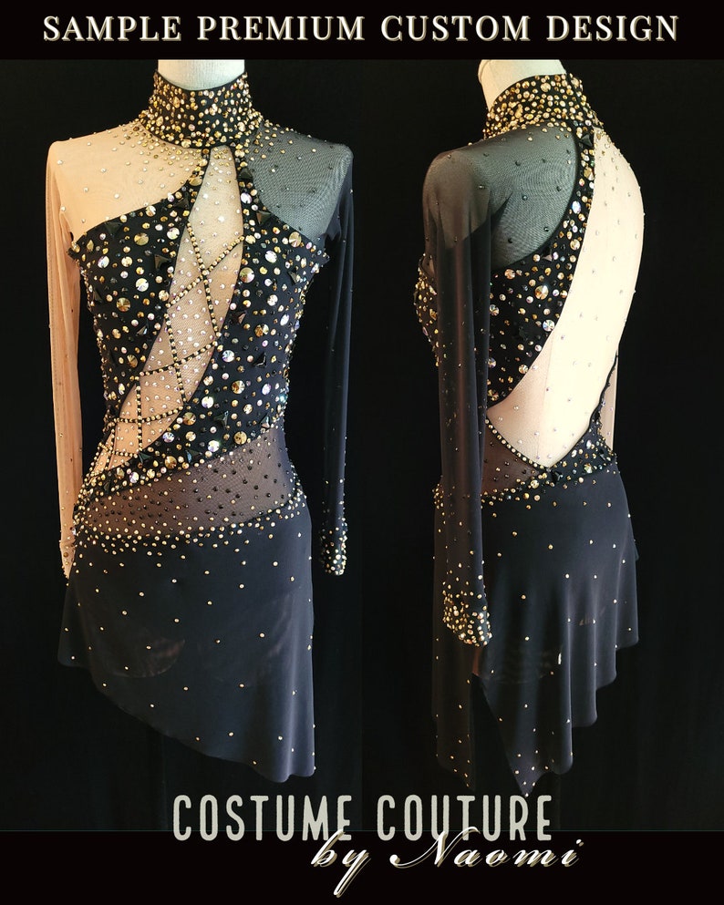 May include: A black dance costume with long sleeves and a high neckline. The costume is embellished with gold and black rhinestones and features a sheer panel on the back. The costume is displayed on a mannequin.