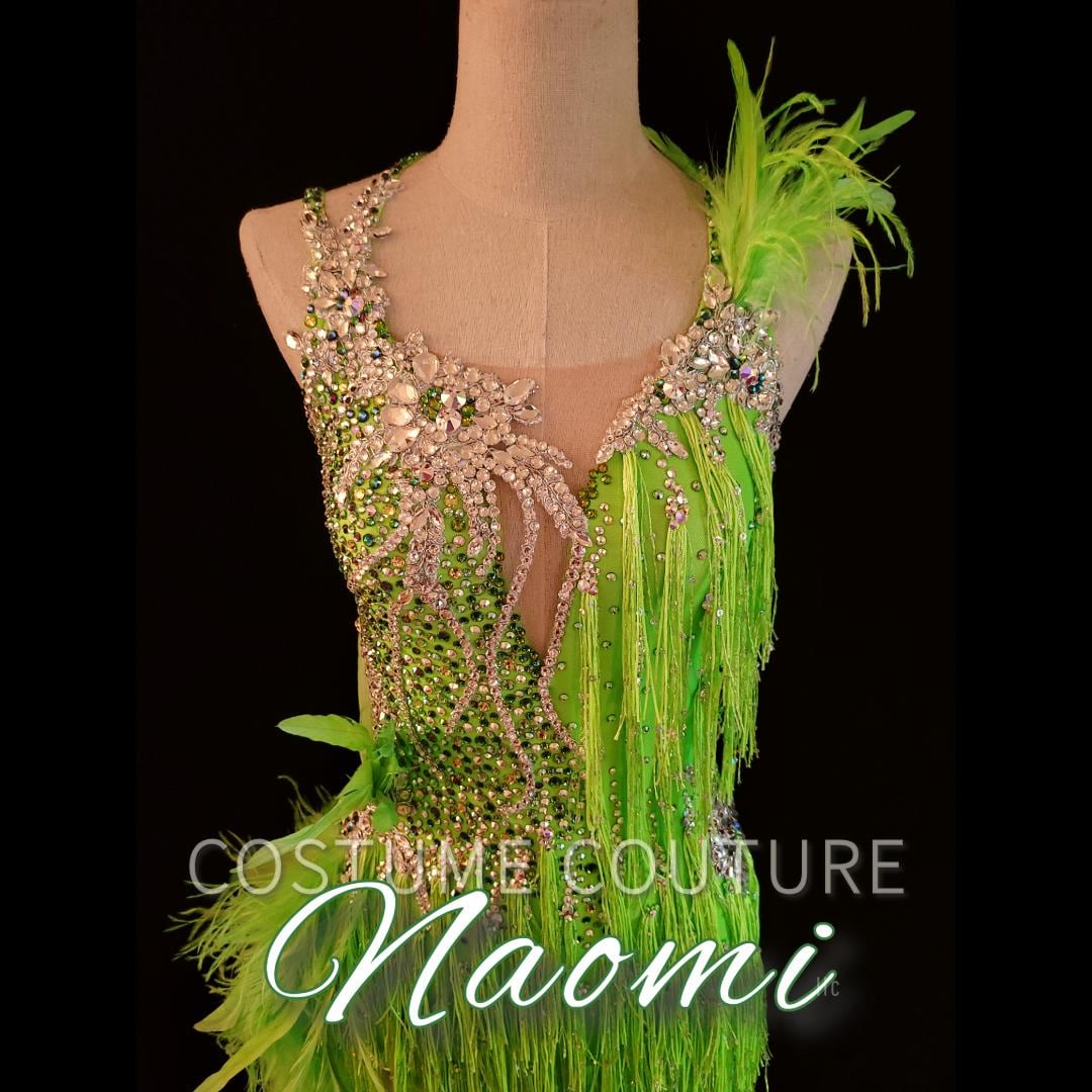 green dress dance costume Neon Lime Custom Design Latin Jazz Samba With Fringe Skirt and Feathers, Competition Ice Costume, XS to Small Adult concert outfit men