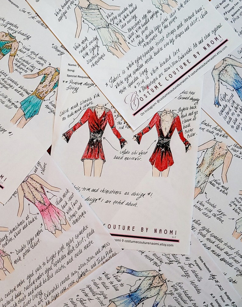 May include: A collection of sketches for figure skating costumes. The sketches are drawn in pencil and colored with markers. The sketches show different designs for the costumes, including a red dress with black trim, a blue dress with white trim, and a green dress with black trim. The sketches also include details about the fabric, embellishments, and other design elements. The text on the sketches includes the name "Costume Couture by Naomi" and the website address "costumecouturenaomi.etsy.com".