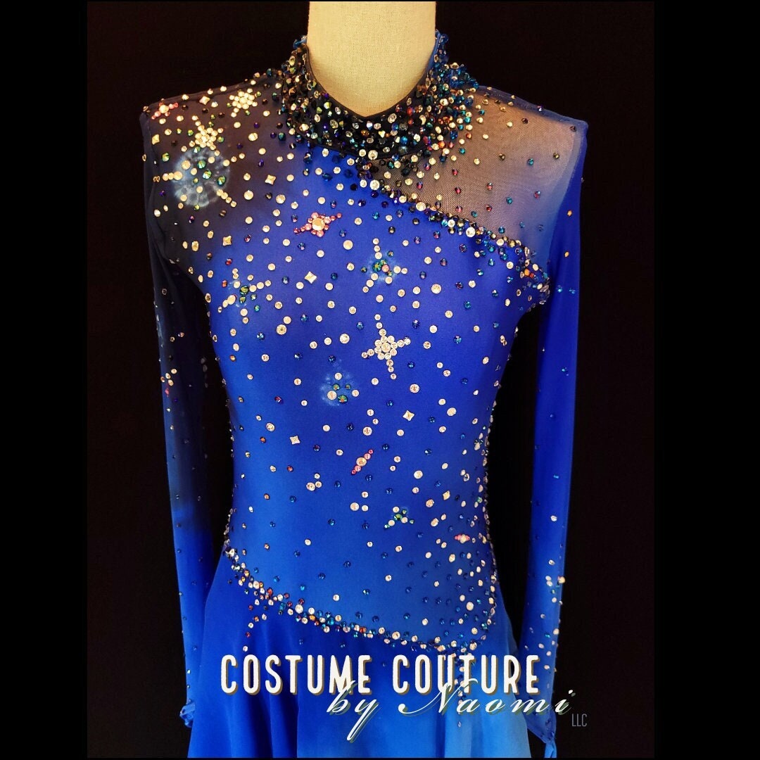 Black and Deep Blue Ombre Figure Skating Dress, Competition Ice Dance  Costume, Celestial Galaxy Star Outer Space Custom Design, Small Adult