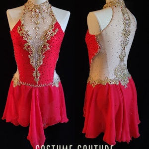 May include: A red and gold custom dance costume with a sheer bodice and a flowing skirt. The costume is embellished with rhinestones and beads. "Costume Couture by Naomi" is printed on the bottom of the image.