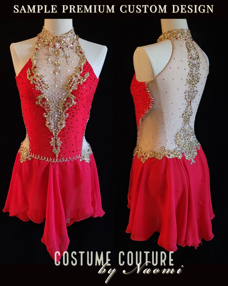 May include: A red and gold custom dance costume with a sheer bodice and a flowing skirt. The costume is embellished with rhinestones and beads. "Costume Couture by Naomi" is printed on the bottom of the image.