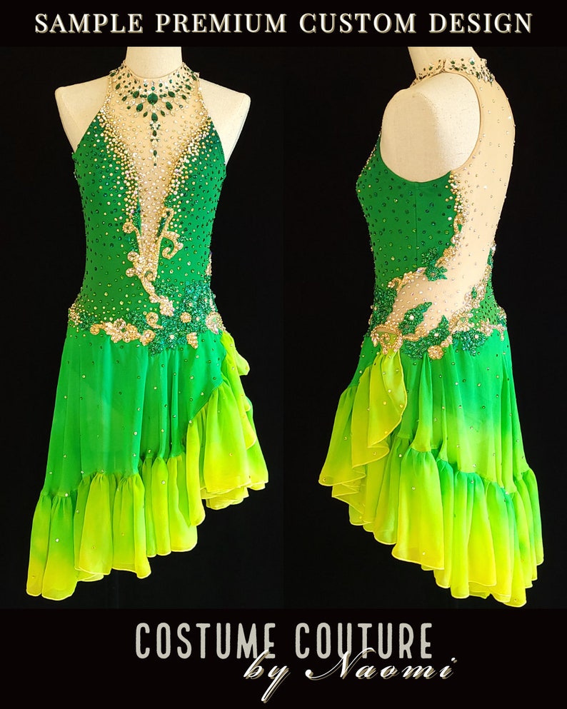 May include: A green and yellow custom-designed figure skating dress with a halter neckline, beaded embellishments, and a layered skirt. The dress is shown on a white dress form.