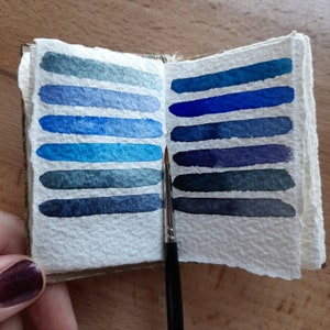 May include: An open watercolor sketchbook with a variety of blue and grey paint swatches. A small paintbrush is resting on the open pages.