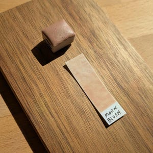 May include: A square, light brown watercolor paint block with a textured surface sits on a wooden surface. A swatch of the same color is next to it, labeled "MOON BLUSH" in black ink. The wood grain is visible.