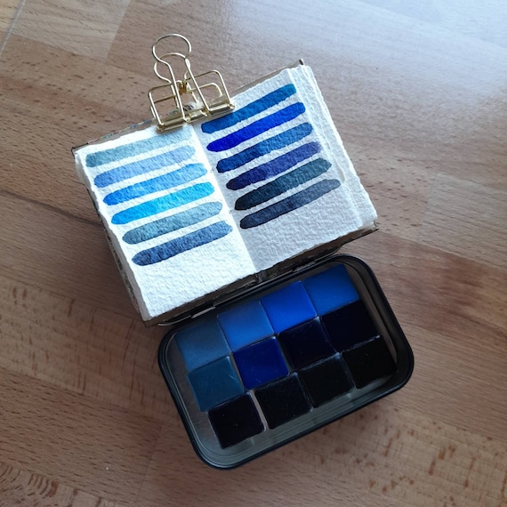 Monochromatic Blues - 12 handmade watercolours half pans