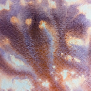 Puede incluir: Pintura abstracta en acuarela con una mezcla de colores. La obra presenta una mezcla de tonos morados, marrones y blancos, creando un patrón texturizado y orgánico. Los colores se mezclan y se difuminan entre sí, dando un efecto suave y etéreo.
