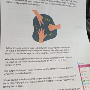 May include: A page from a guide titled "Rock, Paper, Scissors Machine" with the word "Hello!" at the top. The guide explains how to make a rock, paper, scissors machine using a BBC Micro:Bit.