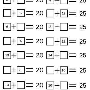 Może przedstawiać: Czarno-biała karta pracy z matematyki zawierająca dwie kolumny zadań z dodawania. Lewa kolumna zawiera równania dające wynik 20, a prawa kolumna równania dające wynik 25, z pustymi polami do wpisania brakujących liczb przez uczniów.