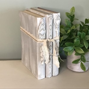 May include: Three decorative books with a distressed grey and white finish, tied with cream lace. The spines feature ornate white embellishments. A potted plant is positioned nearby. The books are a decorative home item.